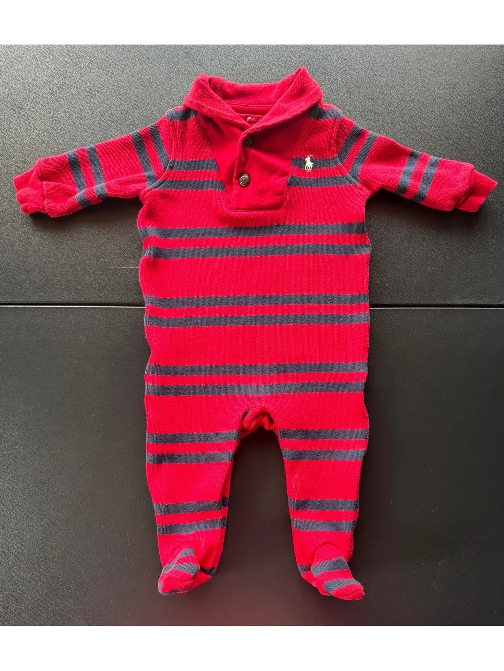Ralph Lauren Baby Boys Footed Coverall 6M Red Navy Stripe Shawl Collar Pony